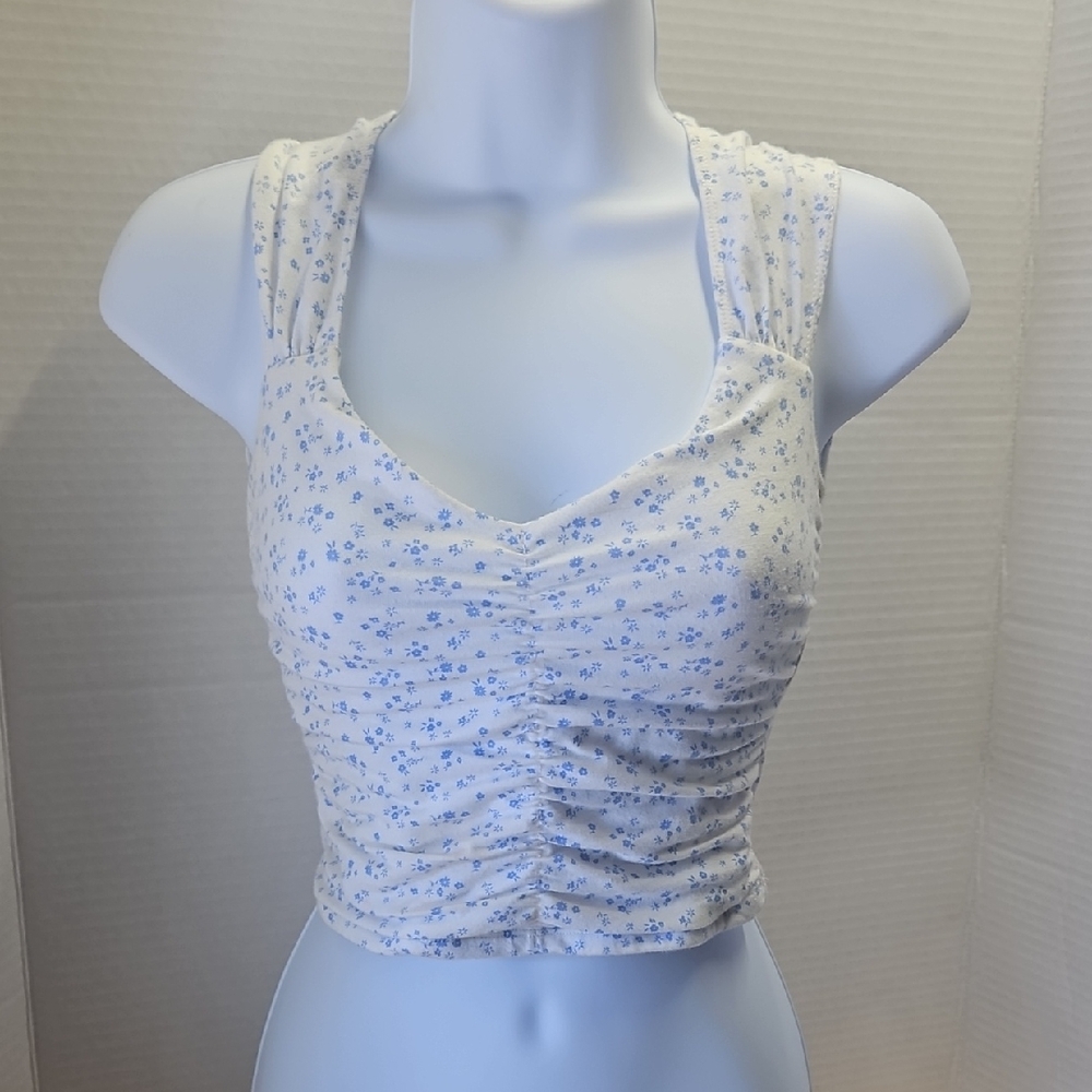 Hollister White and Blue Floral Tank Top